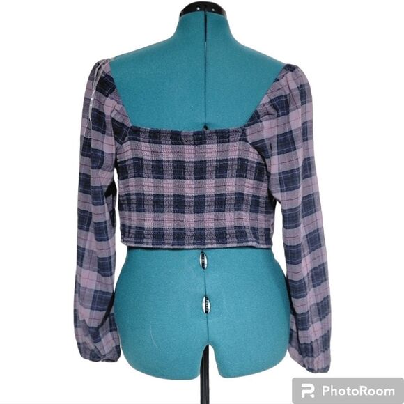 Wild Fable Long Sleeve Crop Top Square Neck Plaid Purple Cotton Size XXL - Picture 4 of 8